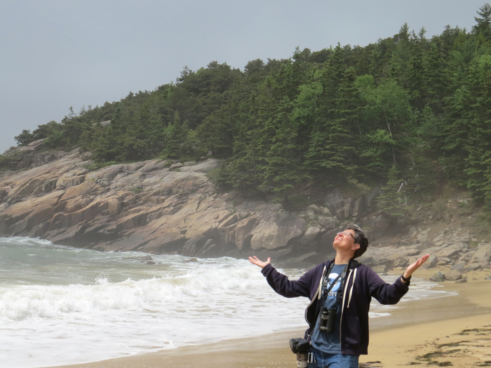 One of the more beautiful places was Sand Beach, a little cove that gets pounded by the waves and after thousands of years, gazillions of tiny shell fragments made a "sand" beach. It had been foggy and drizzly all morning but as we came upon the beach, the sun peaked out. It was magical!